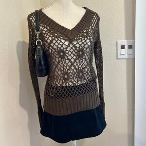 Red berry brown crochet sweater with floral details. Size medium